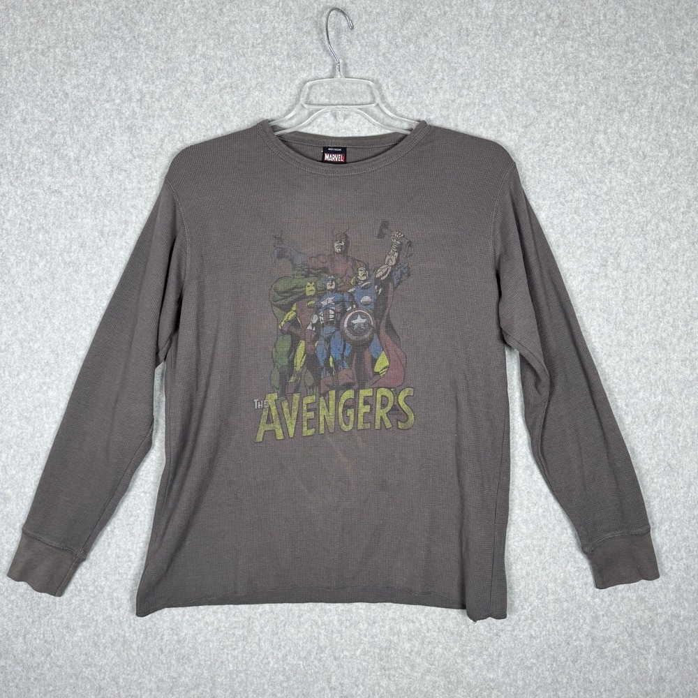VTG Marvel Comics Mad Engine AVENGERS LS Thermal Shirt Gray Waffle Knit M/L  Y2K